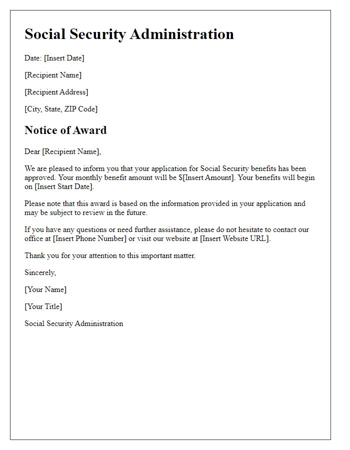 Letter template of Social Security award notification.