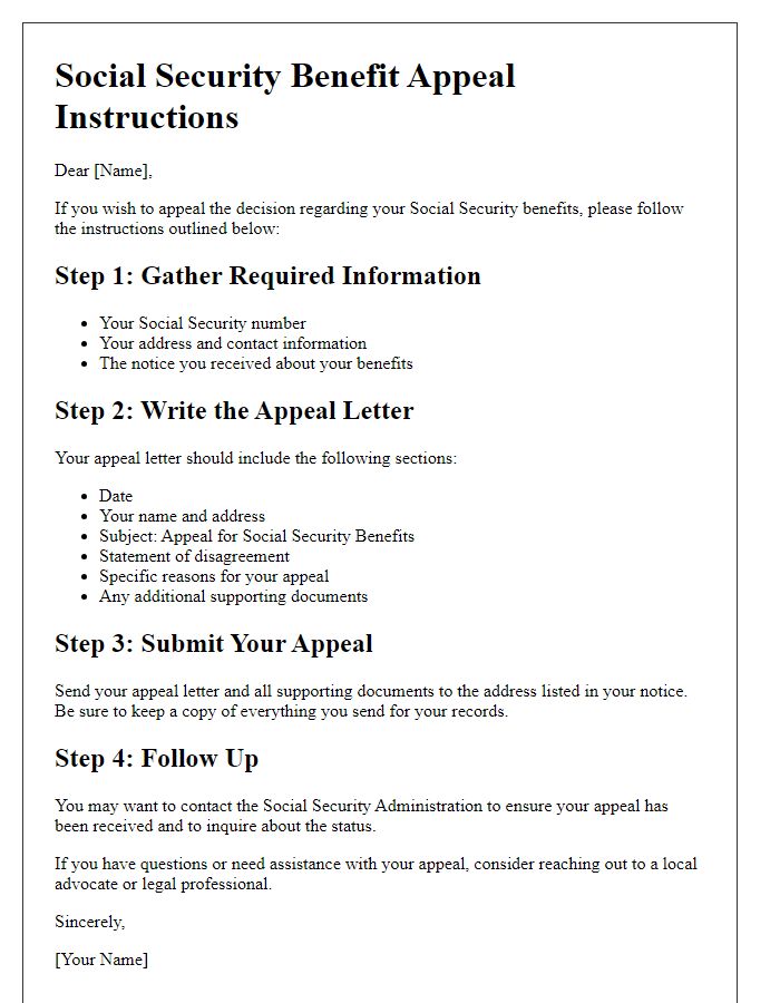 Letter template of Social Security benefit appeal instructions.