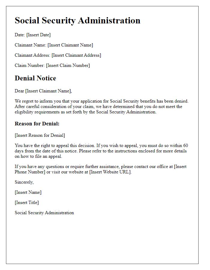 Letter template of Social Security benefit denial notice.