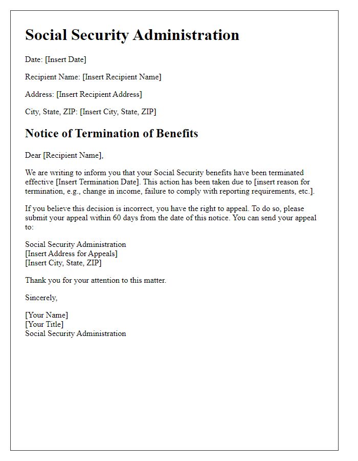 Letter template of Social Security benefit termination notice.