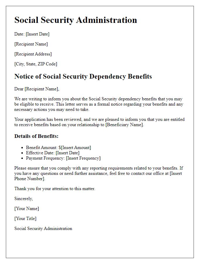 Letter template of Social Security dependency benefit notice.