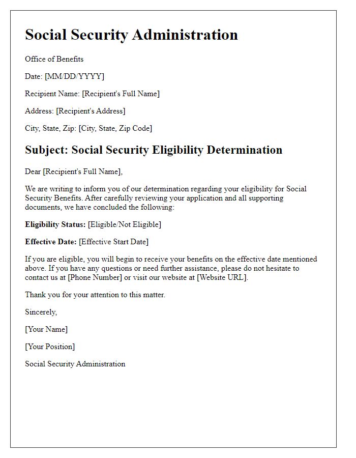 Letter template of Social Security eligibility letter.