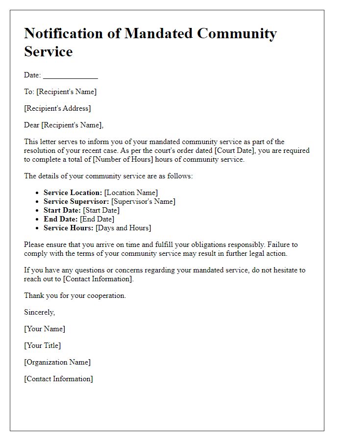 Letter template of mandated community service communication