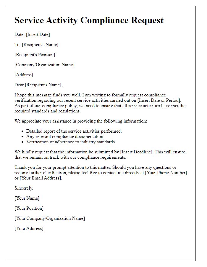Letter template of service activity compliance request
