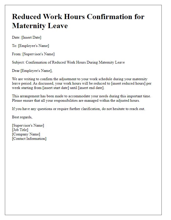 Letter template of reduced work hours confirmation for maternity leave