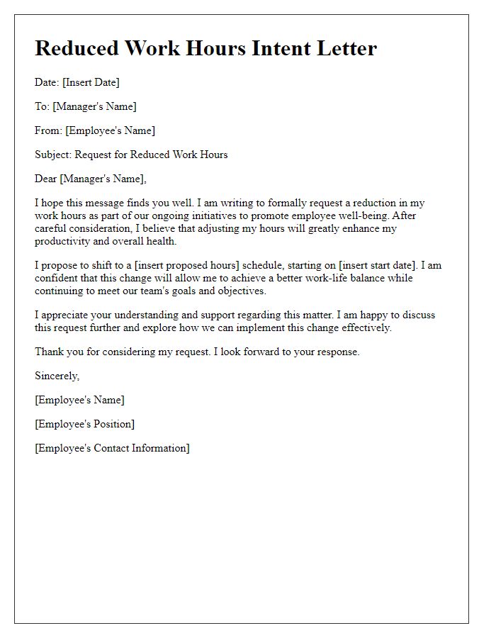 Letter template of reduced work hours intent for employee well-being initiatives