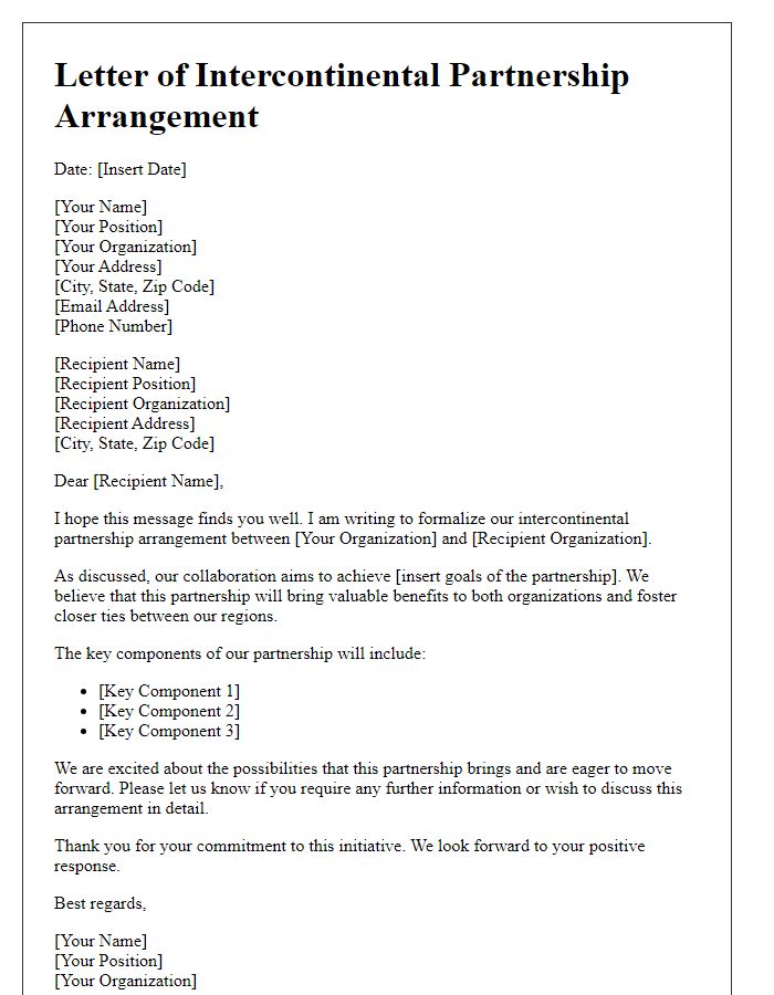 Letter template of intercontinental partnership arrangement