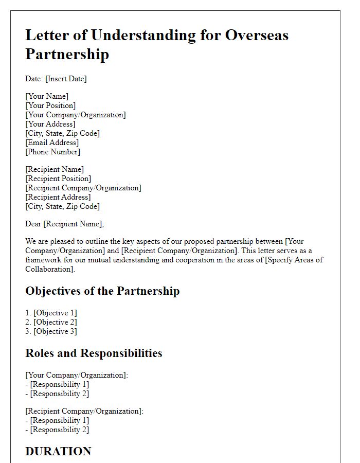 Letter template of overseas partnership understanding