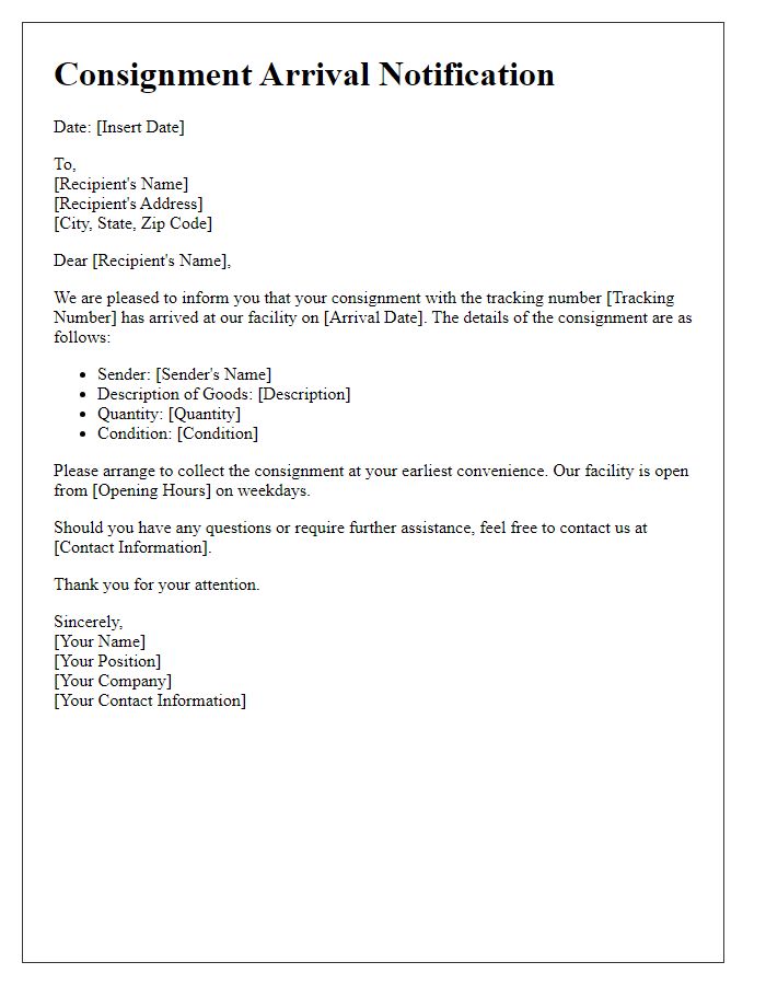 Letter template of consignment arrival notification