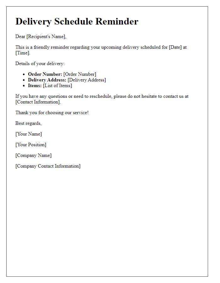 Letter template of delivery schedule reminder