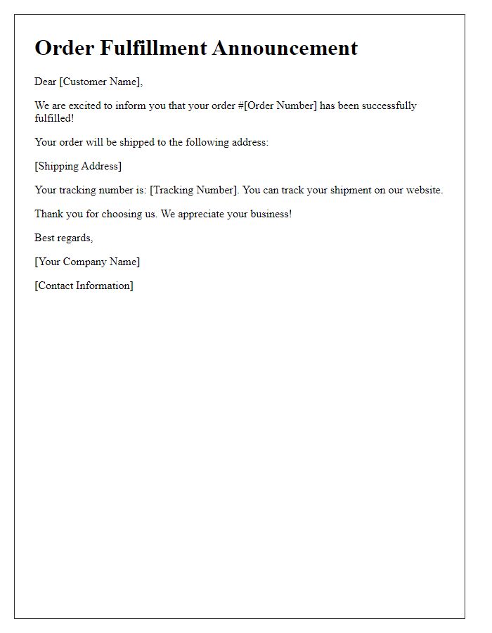 Letter template of fulfilled order announcement