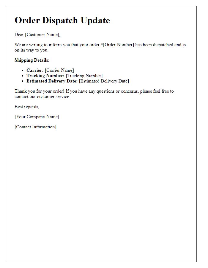 Letter template of order dispatch update