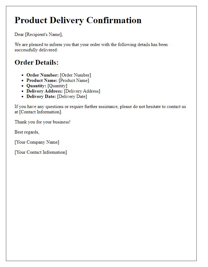 Letter template of product delivery confirmation