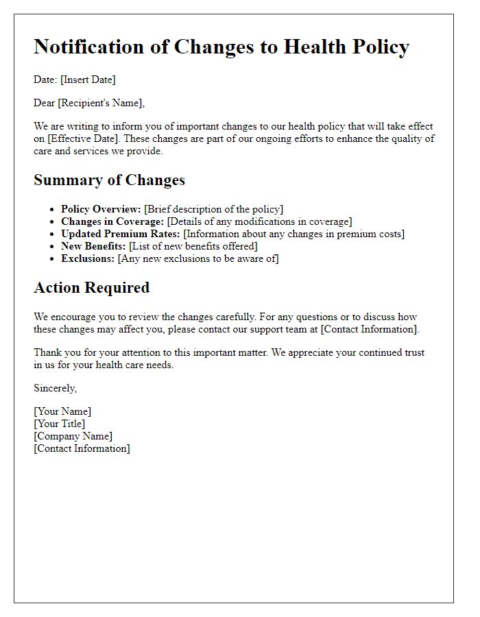 Letter template of changes in health policy details