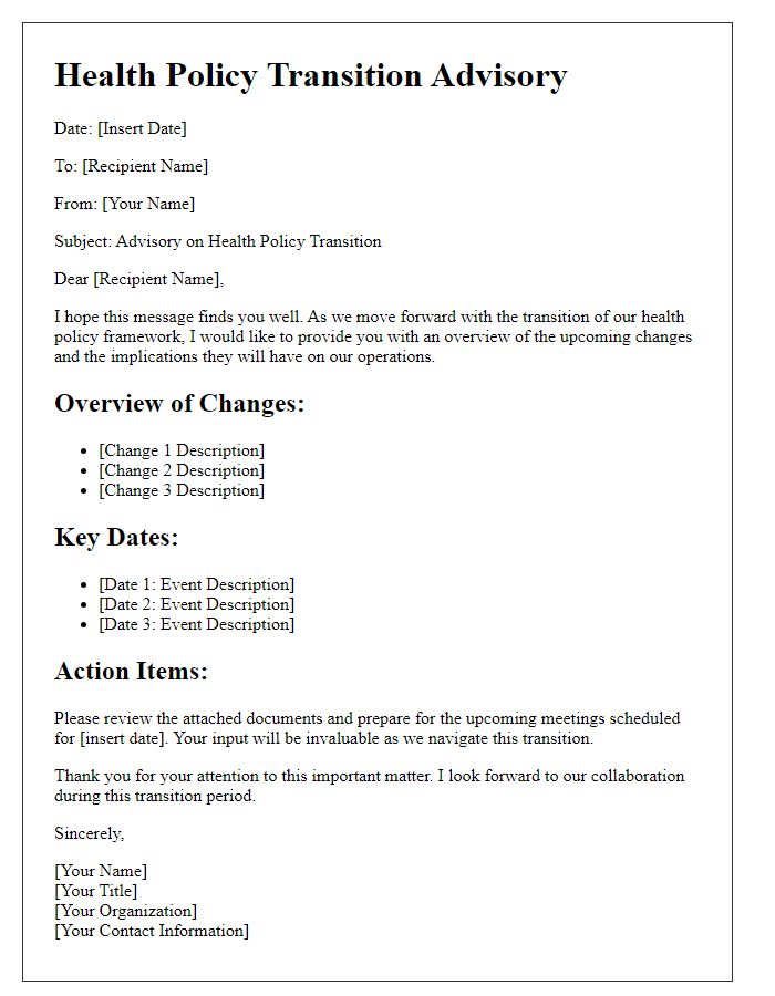 Letter template of health policy transition advisory