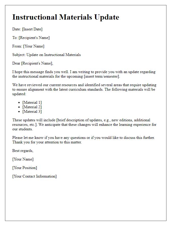 Letter template of instructional materials update