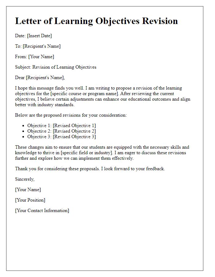 Letter template of learning objectives revision