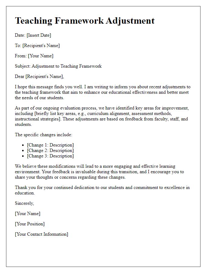 Letter template of teaching framework adjustment