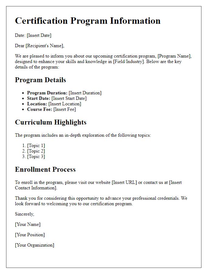 Letter template of certification program information