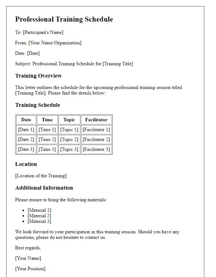 Letter template of professional training schedule