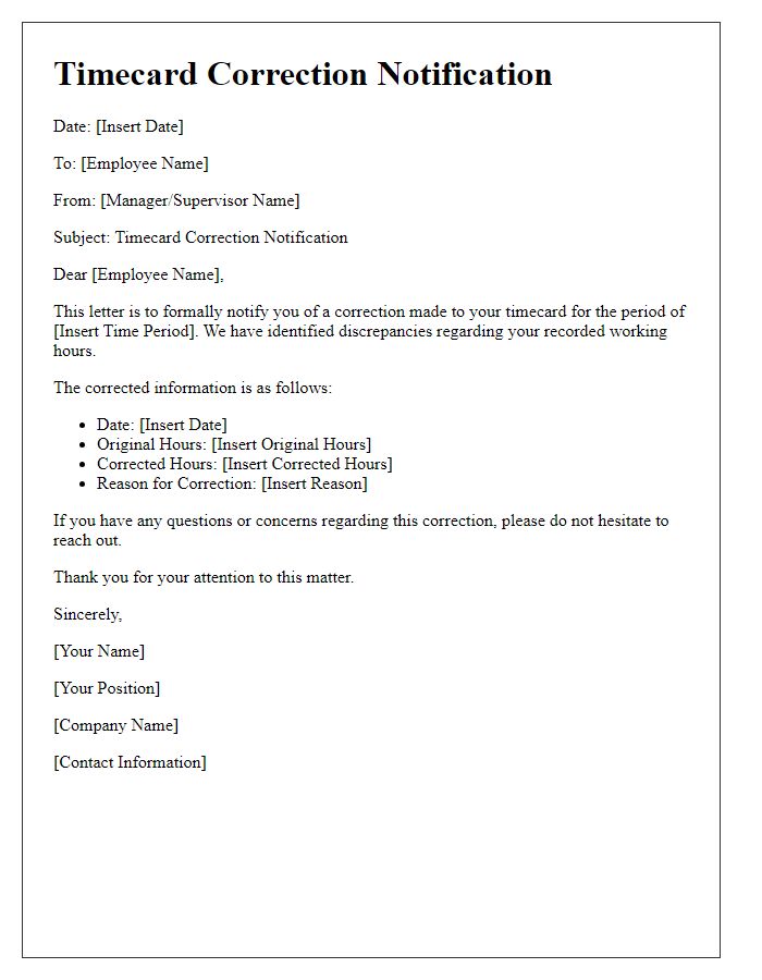 Letter template of Timecard Correction Notification