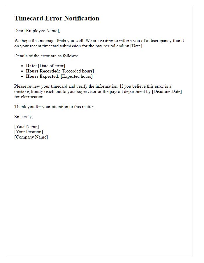 Letter template of Timecard Error Notification