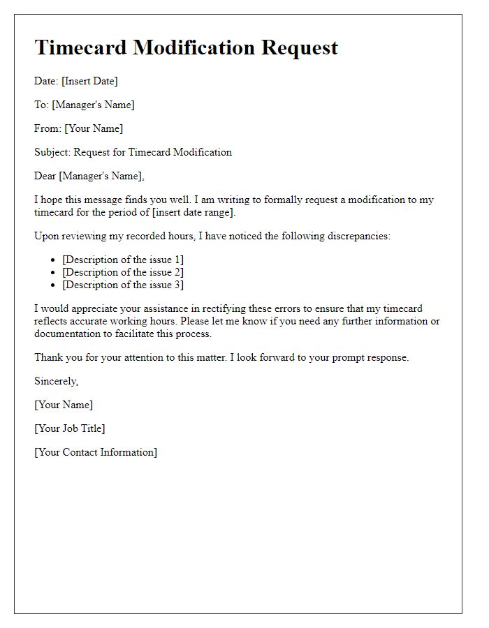 Letter template of Timecard Modification Request