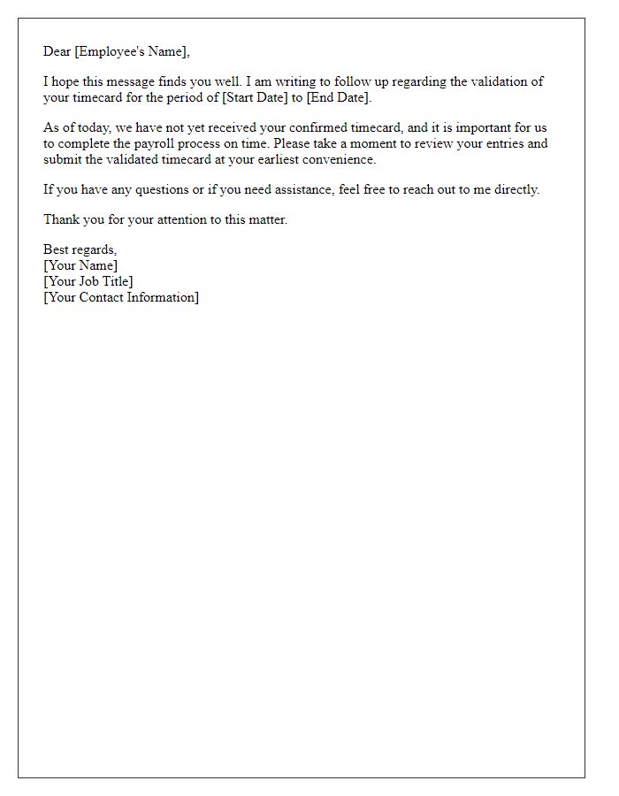 Letter template of Timecard Validation Follow-Up
