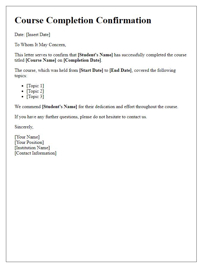 Letter template of course completion confirmation