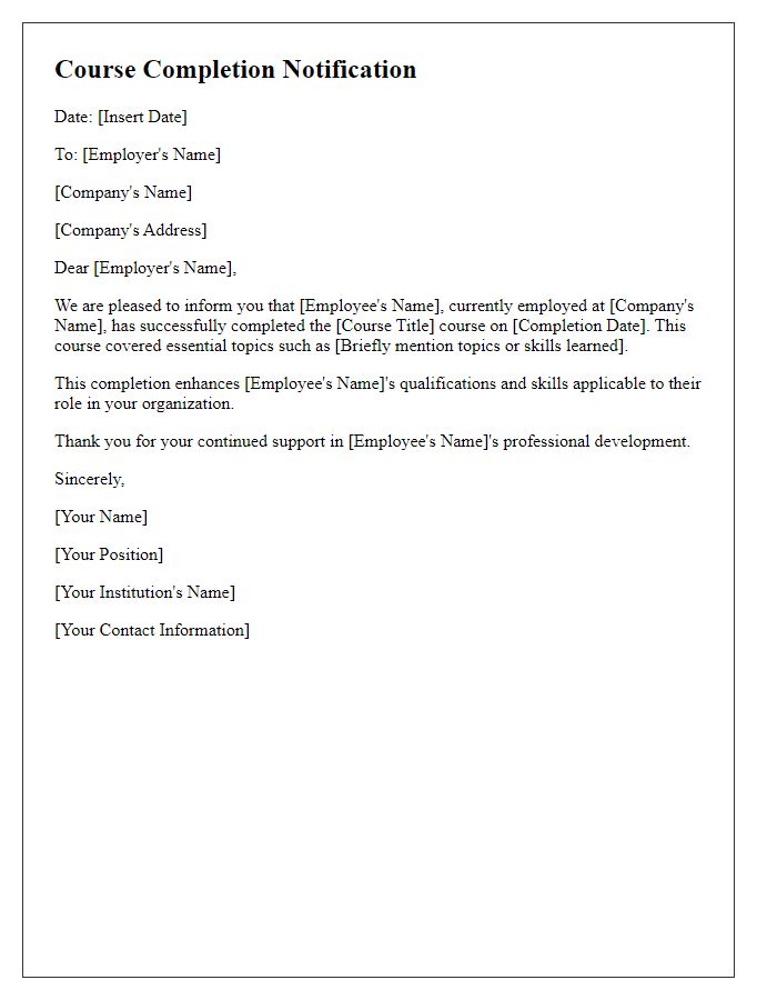 Letter template of course completion notification to employer