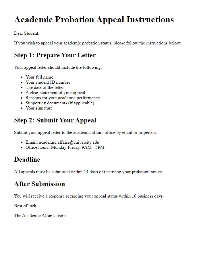 Letter template of academic probation appeal instructions for students.