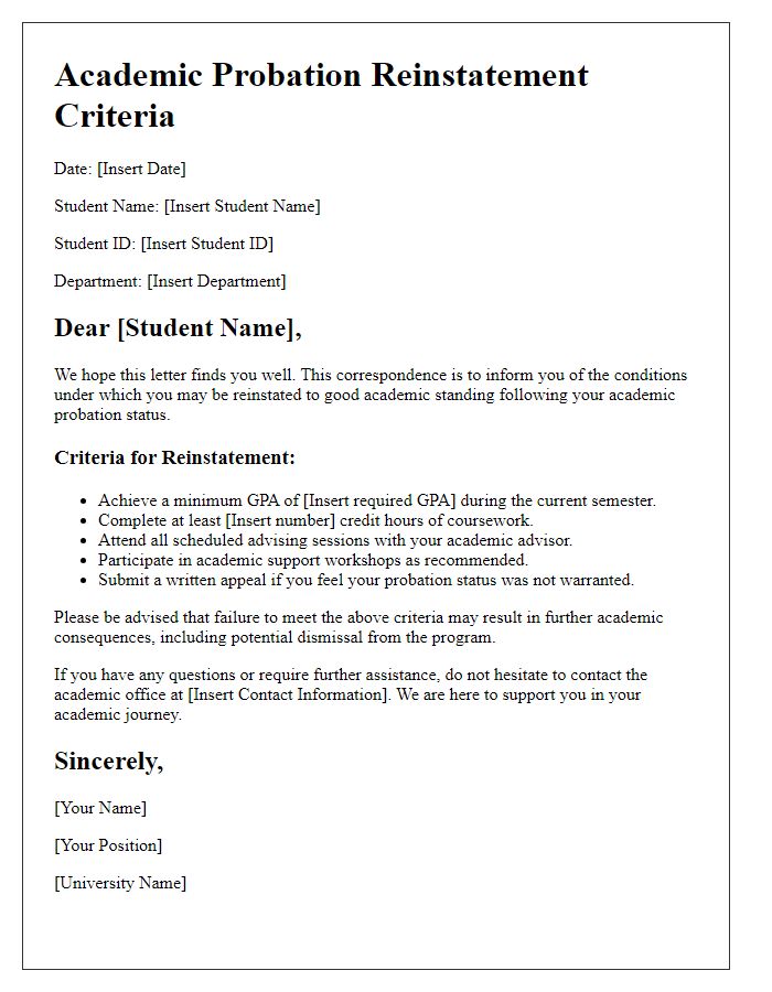 Letter template of academic probation criteria for reinstatement.