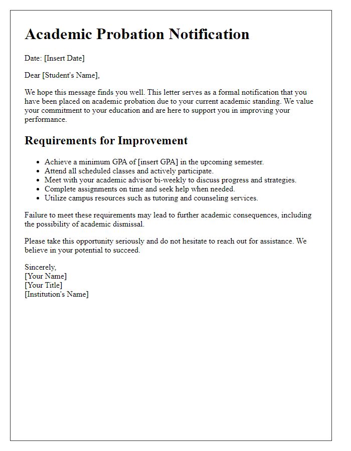 Letter template of academic probation requirements for improvement.