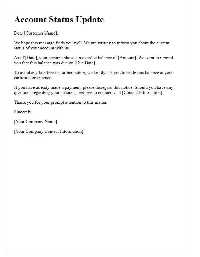 Letter template of account status update for overdue balance
