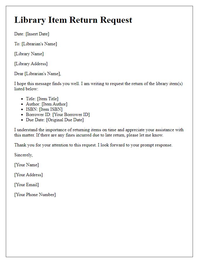 Letter template of library item return request
