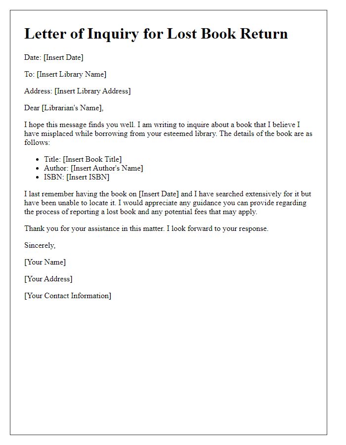 Letter template of lost book return inquiry