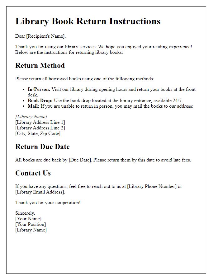 Letter template of return instructions for library books