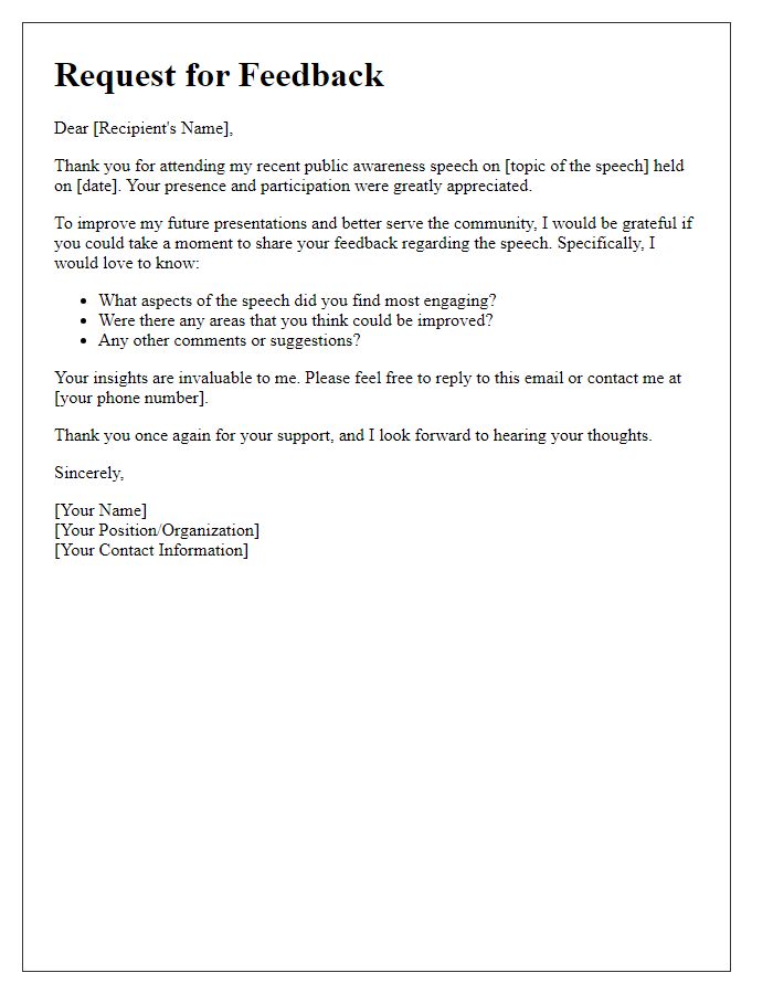 Letter template of feedback request after a public awareness speech