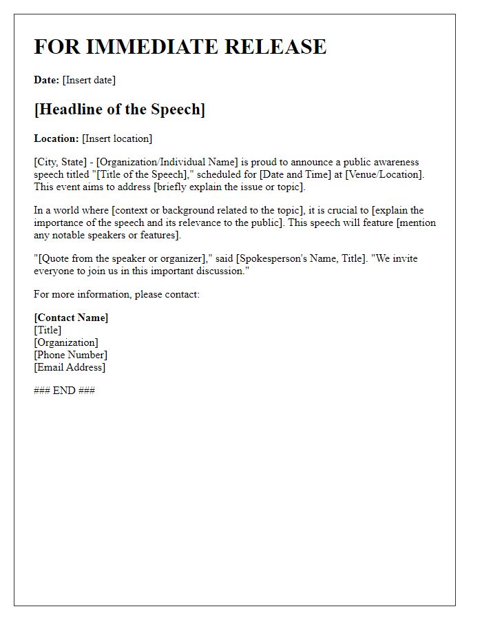 Letter template of a press release for a public awareness speech