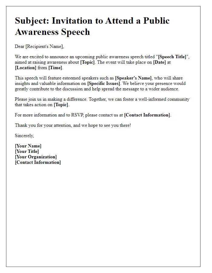 Letter template of a promotional letter for a public awareness speech