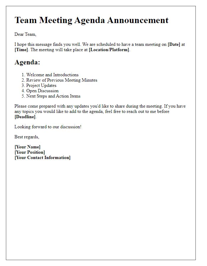 Letter template of agenda announcement for team meeting