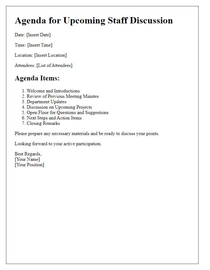 Letter template of agenda for upcoming staff discussion