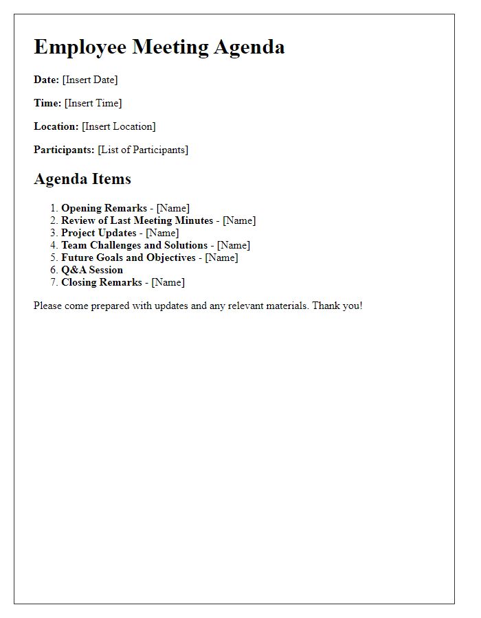 Letter template of employee meeting agenda details