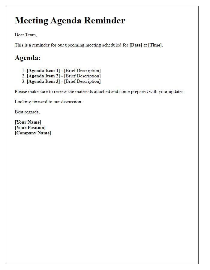 Letter template of meeting agenda reminder for employees