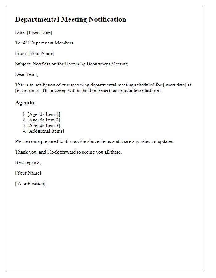 Letter template of notification for departmental meeting agenda