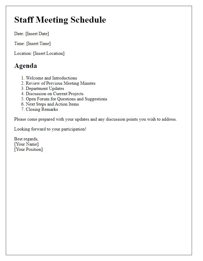 Letter template of staff meeting schedule and agenda