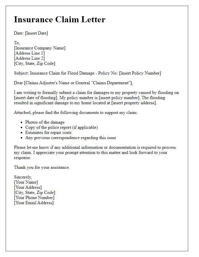 Letter template of insurance claim details for flood damage