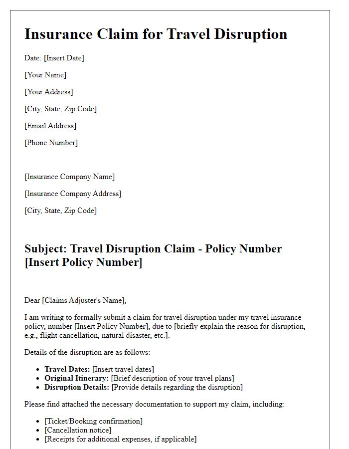 Letter template of insurance claim documentation for travel disruption