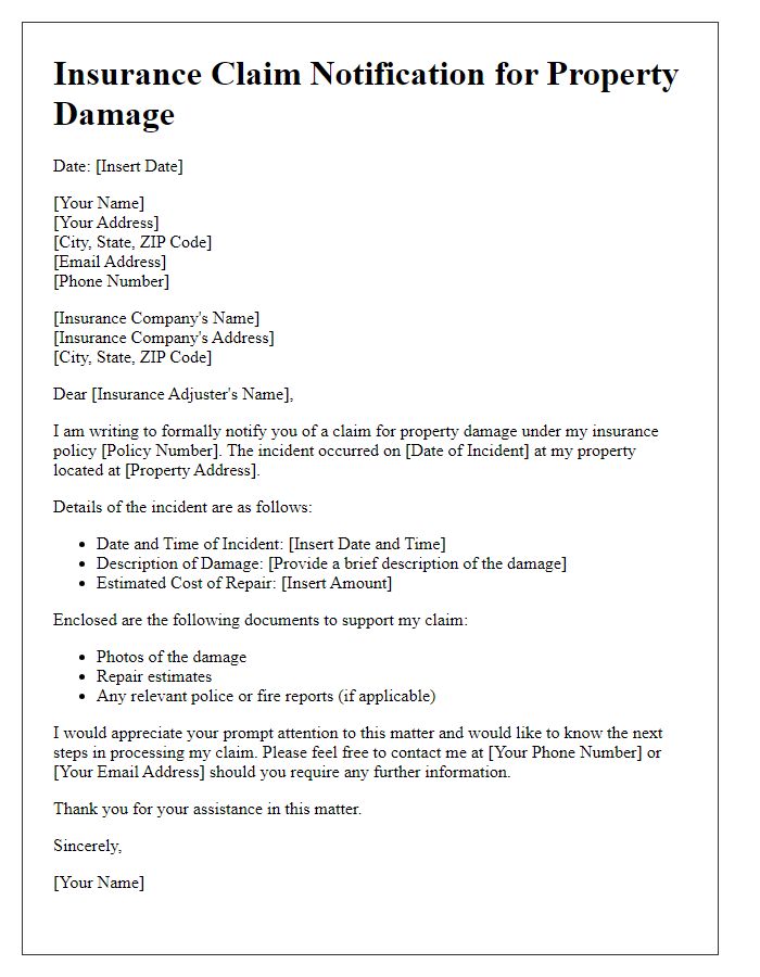 Letter template of insurance claim notification for property damage