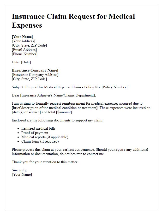 Letter template of insurance claim request for medical expenses